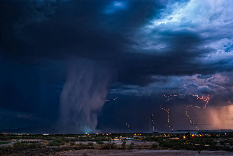 无人,横图,室外,夜晚,长时间曝光,沙漠,闪电,美国,地形,云,天气,风景,天空,自然,摄影,宁静,照亮,亚利桑那,图森市,彩图,季候风