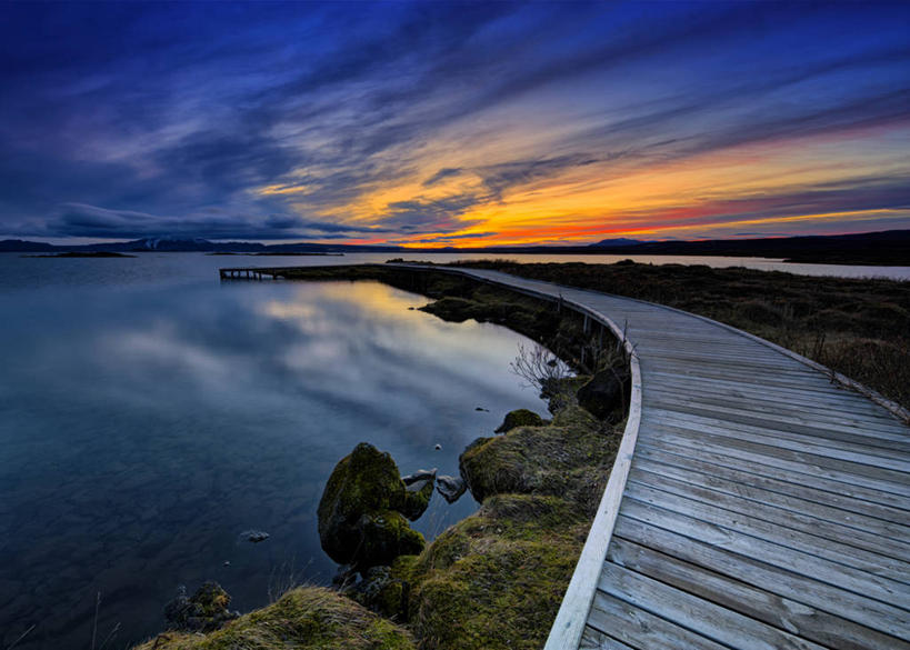 无人,横图,室外,海洋,美景,日落,冰岛,弯曲,反射,木制,景观,云,苔藓,风景,自然,景色,摄影,木板路,宁静,自然风光,辛格韦德利,岩石,彩图