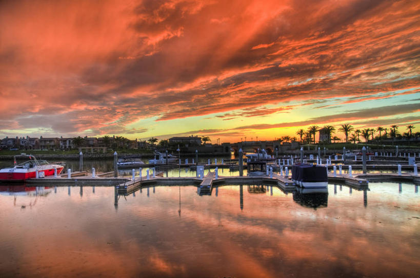 无人,横图,室外,海洋,日落,船,美国,反射,桥,风景,天空,运输,摄影,宁静,加利福尼亚,奥克斯纳德,彩图