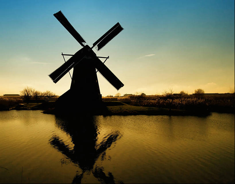 无人,横图,室外,河流,日落,荷兰,反射,风力,树,风景,天空,自然,摄影,能源,宁静,剪影,替代能源,环境保护,小孩堤防,风轮机,彩图