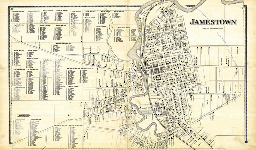 无人,横图,地图,城镇,历史,古董,纽约州,詹姆斯敦,彩图