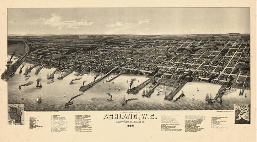 无人,横图,俯视,地图,历史,古董,威斯康星,阿什兰,彩图,高角度拍摄