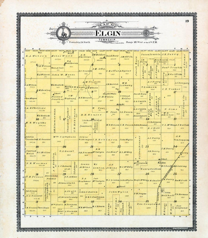 无人,竖图,地图,历史,古董,内布拉斯加,埃尔金,彩图,地图学