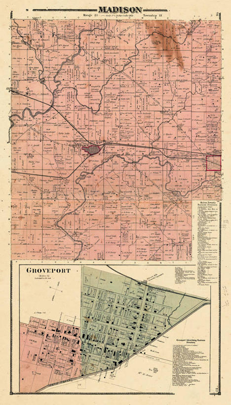 无人,竖图,地图,城镇,历史,古董,俄亥俄州,麦迪逊,彩图,地图学