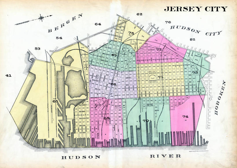 无人,横图,地图,城镇,历史,古董,新泽西,泽西城,彩图,地图学