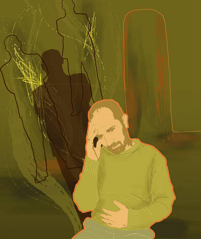 西方人,成年人,中年人,一个人,坐,竖图,插画,室内,正面,数码,科技,欧洲,欧洲人,仅一个男性,仅一个人,仅一个中年男性,阴影,沮丧,网络,高光,几何,计算机图形,合成,图画,托腮,注视,数码合成,画,观察,看,思考,观看,头痛,电脑合成图,数码合成图,察看,合成图,忧虑,关注,痛苦,漫画,挑战,写实,具体,具象,挫败,担心,男人,男性,中年男性,白种人,半身,彩图,精神分裂症