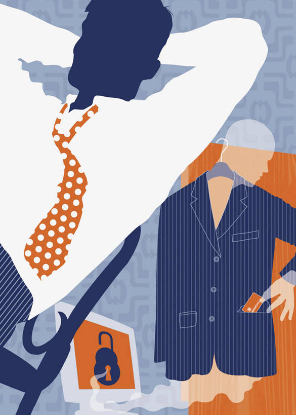 成年人,中年人,一个人,两个人,伙伴,朋友,商务人士,商务男性,坐,竖图,插画,衬衫,商务,友谊,合作,团队,信用卡,电脑,显示器,鼠标,键盘,互联网,技术,数码,科技,仅一个男性,仅一个人,仅一个中年男性,抱头,敲打,阴影,套装,网络,高光,几何,计算机图形,合成,图画,输入,输入设备,通讯设备,画,打字,台式电脑,战略,点击,敲击,电脑合成图,数码合成图,犯罪,双手抱头,开锁,挂锁,合成图,提示,通信设备,商务装,身份,问题,盗窃,偷窃,漫画,工薪阶层,输出设备,写实,具体,具象,联合,合谋,小偷,窃贼,盗贼,贼,偷盗,捧首,捧头,茄克,虚弱,配合,协作,按键,计算机,男人,男性,中年男性,白领,上班族,半身,彩图,衬衣,电脑犯罪,弱点,网络安全防护,安防系统