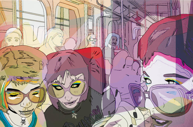 西方人,成年人,脸,头,脸颊,一个人,三个人,微笑,横图,插画,正面,时尚,快乐,友谊,数码,科技,城市,地铁,火车,欧洲,欧洲人,仅一个年轻女性,仅一个女性,仅一个人,阴影,网络,高光,几何,计算机图形,合成,图画,肩膀,画,太阳镜,运输,电脑合成图,数码合成图,合成图,群众,漫画,写实,具体,具象,一致,叛逆,年轻女性,女人,女性,白种人,年轻人,头部,脸部,脸蛋,面部,休闲活动,彩图,旅行,帮派,态度