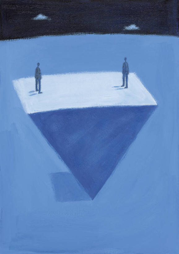 成年人,中年人,一个人,两个人,站,竖图,插画,室外,夜晚,侧面,数码,科技,仅一个男性,仅一个人,仅一个中年男性,表演,阴影,网络,高光,几何,计算机图形,合成,图画,画,蓝色,面对面,平衡,电脑合成图,数码合成图,合成图,漫画,写实,具体,具象,危险,男人,男性,中年男性,彩图,平等