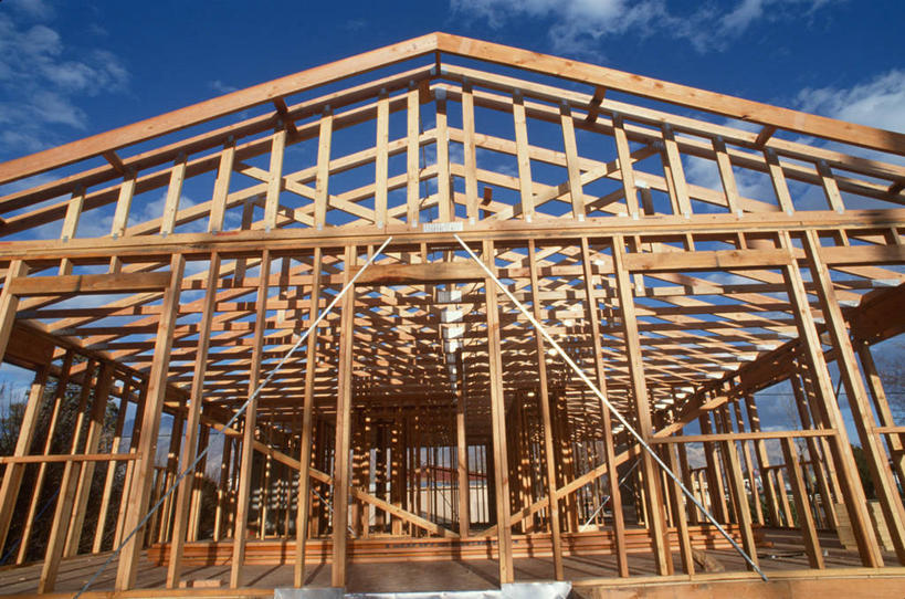 无人,横图,室外,白天,仰视,建筑业,建筑,美国,对称,木制,房屋,建筑工地,摄影,北美,加利福尼亚,彩图,低角度拍摄,龙柏,建筑结构