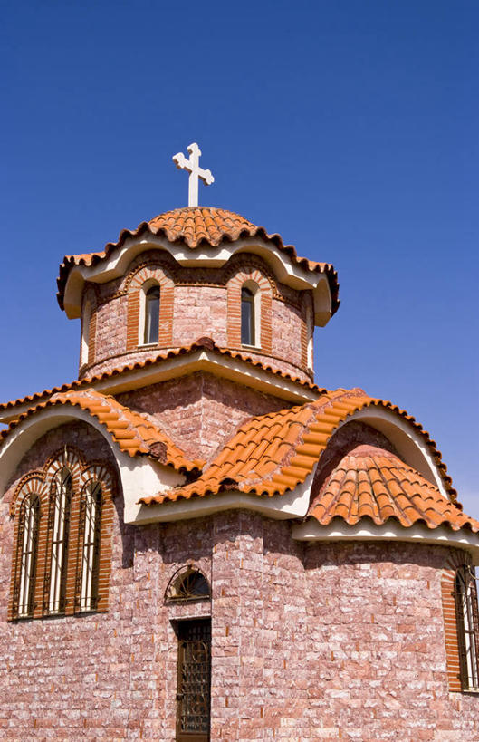 无人,教堂,竖图,室外,白天,仰视,建筑,希腊,十字架,砖,瓦,红色,摄影,圆顶建筑,万里无云,希腊正教,彩图,低角度拍摄,旅行