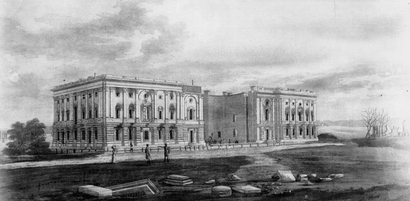 无人,横图,全景,黑白,室外,白天,建筑,火,美国,首都,历史,破坏,破损,损坏,政府大楼,政府,毁灭,华盛顿特区,国会大楼,美国国会山