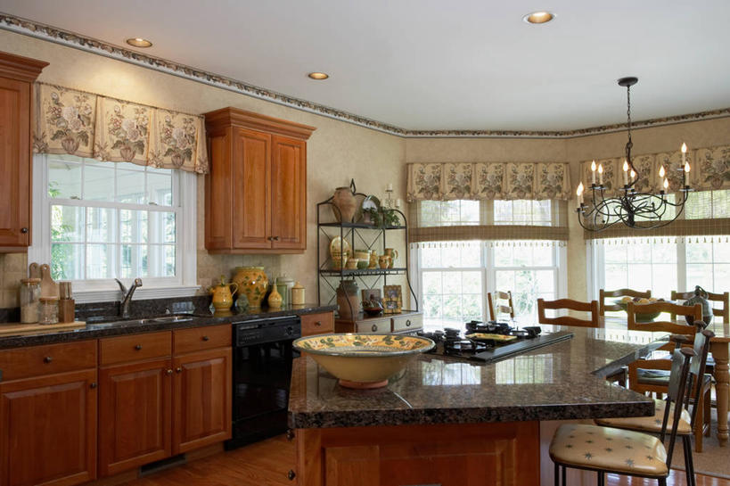 厨房,花纹,水槽,岛,米色,陶器,百叶帘,花岗岩,洗碗机,铁艺,厨房水槽