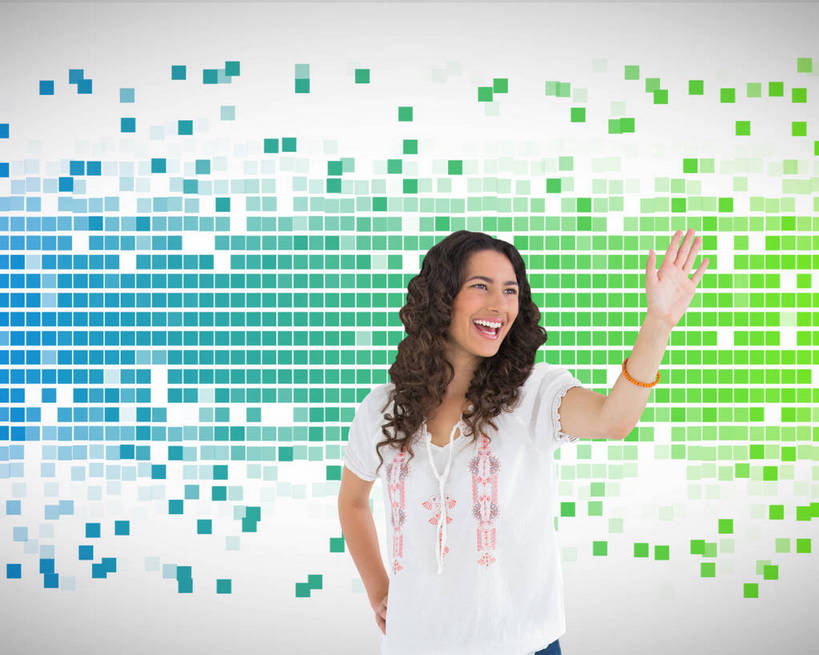 西方人,一个人,无人,站,举,笑,微笑,露齿笑,横图,室内,白天,正面,数码,科技,欧洲,欧洲人,仅一个年轻女性,仅一个女性,仅一个人,许多,阴影,服装,网络,方格,格子,图形,正方形,很多,高光,几何,计算机图形,合成,注视,休闲装,衣服,绿色,观察,看,托,站着,休闲,休闲服,服饰,观看,电脑合成图,数码合成图,察看,合成图,关注,数学,写实,具体,具象,年轻女性,女人,女性,白种人,举起,举手,举着,向上举,向上伸,向上托,站立,半身,彩图,复合图片,蒙太奇图,组合图,几何图形,平面图形,正四边形