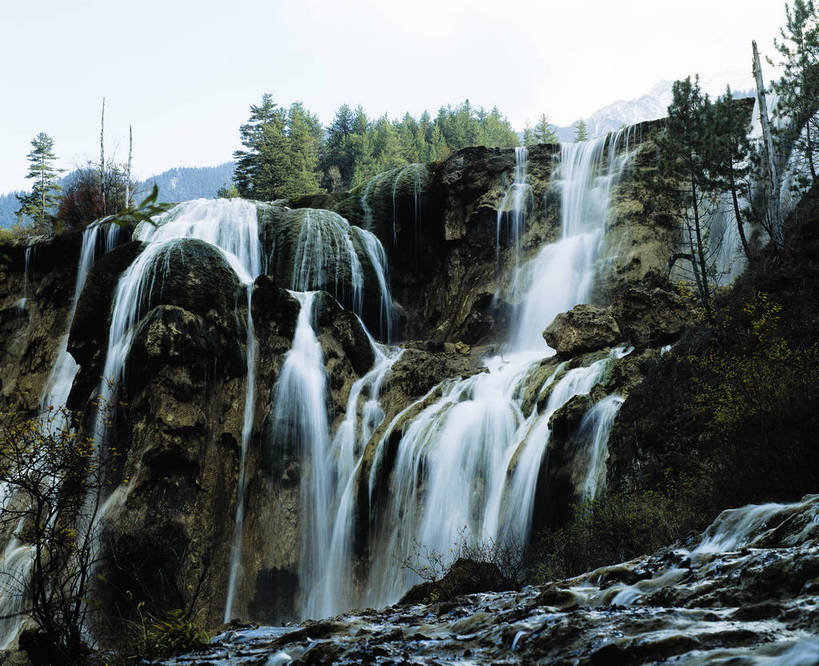 横图,河流,瀑布,树林,九寨沟,中国,亚洲,清澈,绿色的,绿色,摄影,东亚,四川,中华人民共和国,彩图,bj174
