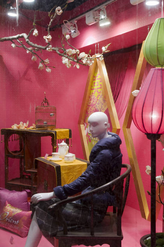 无人,模特,摄影师,竖图,彩色,室内,时尚,复古,消费,橱窗,商场,北京,中国,春节,亚洲,节日,商品,粉红色,古典,浪漫,东方,落地灯,展示,华丽,近景,中国文化,摄像师,品位,时装,冬装,花枝,浮夸,bj174