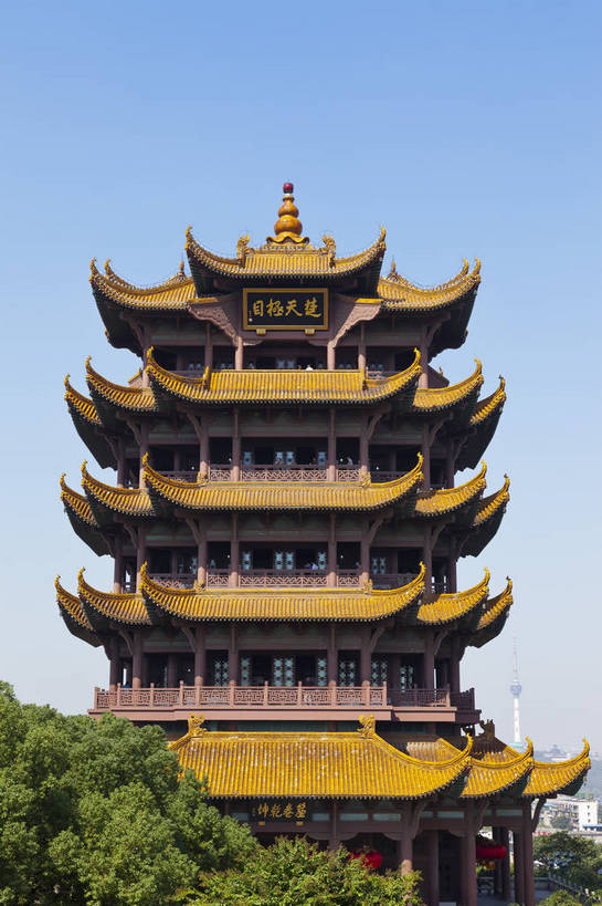 无人,竖图,彩色,室外,白天,旅游,度假,名胜古迹,树林,标志建筑,地标,建筑,武汉,中国,遗迹,图片,建筑群,古典,古迹,文物,娱乐,建设,古建筑,享受,休闲,旅游胜地,放松,摄影,文明,中国文化,古文明,湖北,黄鹤楼,旅行,飞檐,bj174