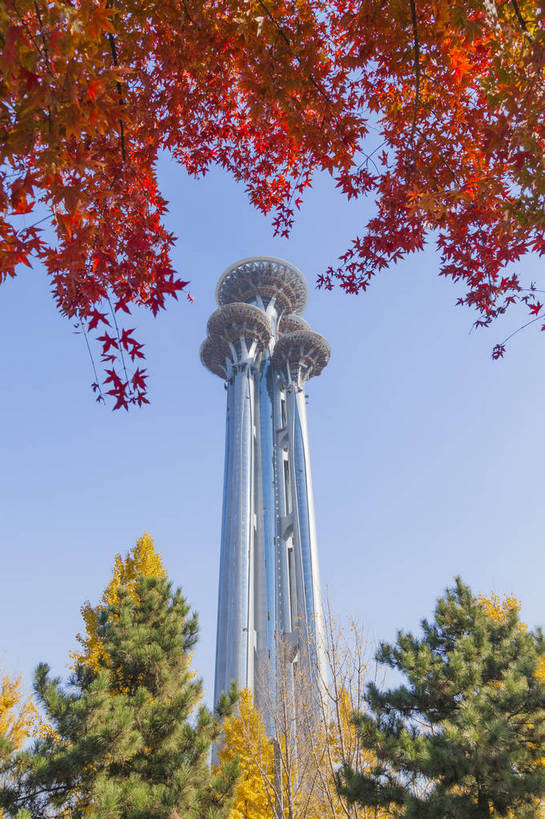 无人,体育馆,运动场,竖图,室外,白天,仰视,旅游,度假,秋季,植被,植物,城市,建筑,枫树,叶子,北京,日光,中国,亚洲,景观,塔,枫叶,枯叶,落叶,娱乐,体育场,现代,东方,建筑物,树,树木,红色,风景,蓝天,天空,自然,享受,休闲,温暖,景色,放松,摄影,晴天,风光,环境,创造力,都市风光,外景,市区,发展,观光塔,运动馆,奥运村,叶,叶片,秋,秋天,彩图,旅行,高层建筑,奥运会,奥林匹克森林公园,bj174