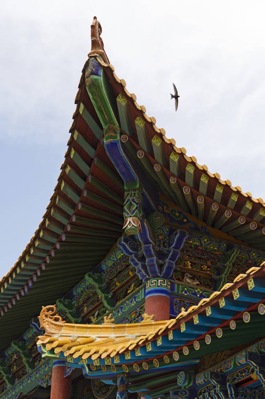 无人,寺庙,宫殿,竖图,室外,白天,仰视,旅游,度假,美景,名胜古迹,标志建筑,地标,建筑,鸟,中国,亚洲,花纹,艺术,鲜艳,图案,屋顶,屋檐,景观,文化遗产,建筑群,古典,宏伟,瓦,历史,娱乐,建设,飞,传统,古代,风景,天空,自然,享受,休闲,旅游胜地,景色,放松,摄影,宗教,佛教,部分,旧的,中国文化,自然风光,古典风格,东亚,宗教用品,远古,东亚文化,甘肃省,丝绸之路,武威,灰雁,古代文明,灵性,彩图,低角度拍摄,旅行,礼拜堂,传统文化,建筑结构,罗什寺,bj175
