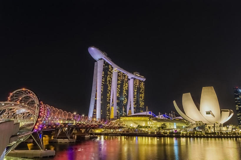 横图,室外,夜晚,酒店,新加坡,亚洲,地形,桥,风景,建造,滨海湾,螺旋状,bj175