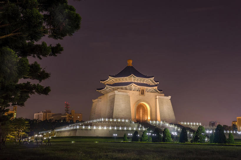 横图,室外,夜晚,建筑,台湾,亚洲,建造,照亮,蒋介石纪念堂,台北,bj175