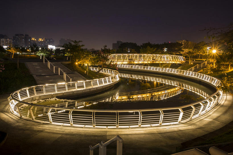 横图,夜晚,河流,台湾,亚洲,桥,风景,照亮,爱河,高雄,bj175