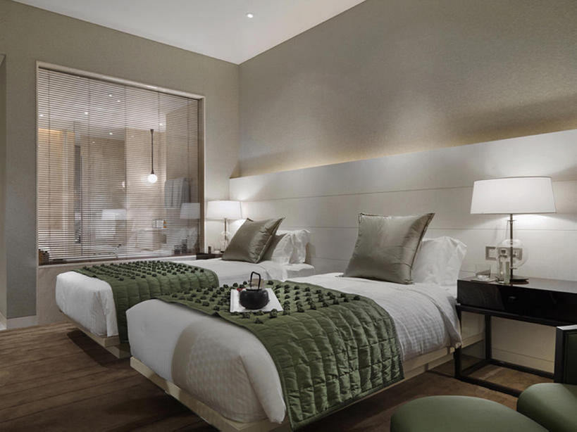 无人,家,横图,室内,白天,床,家具,沙发,卧室,酒店,一排,整齐,房屋,餐盘,茶几,干净,现代,排列,绿色,枕头,摄影,住房,风格,队列,华贵,房地产,软垫,彩图,上层阶级,客房服务,bj175